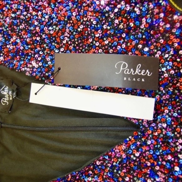 🆕🏷️ Parker Black Audry V-Neck Metallic Beaded Mini Cocktail Dress Sz 4 - Picture 6 of 14